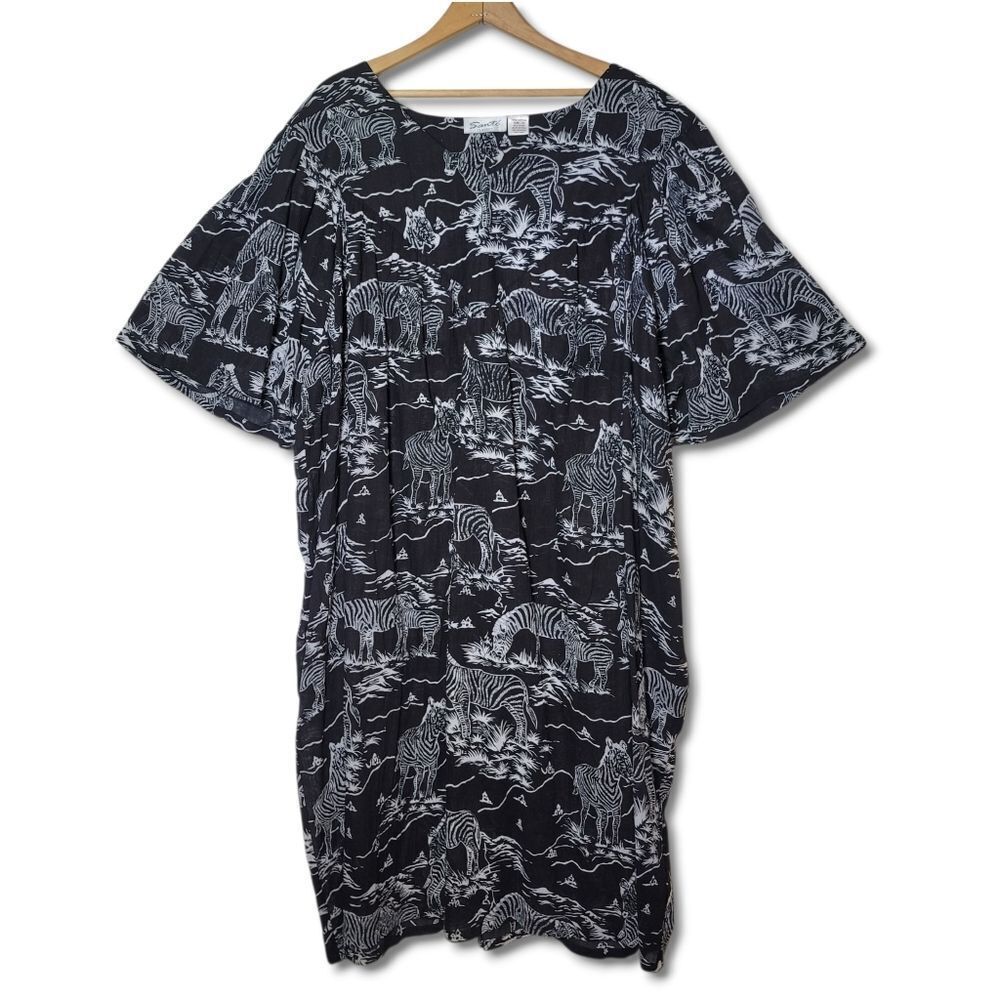 Santé Zebra Print Black & White Cotton Short Sleeve Relaxed Pocket Midi Dress